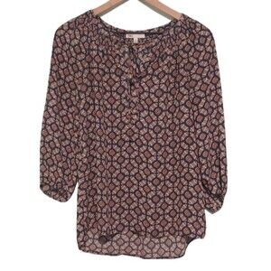 DR2 Blue & Cream Geometric Print Blouse Size Small